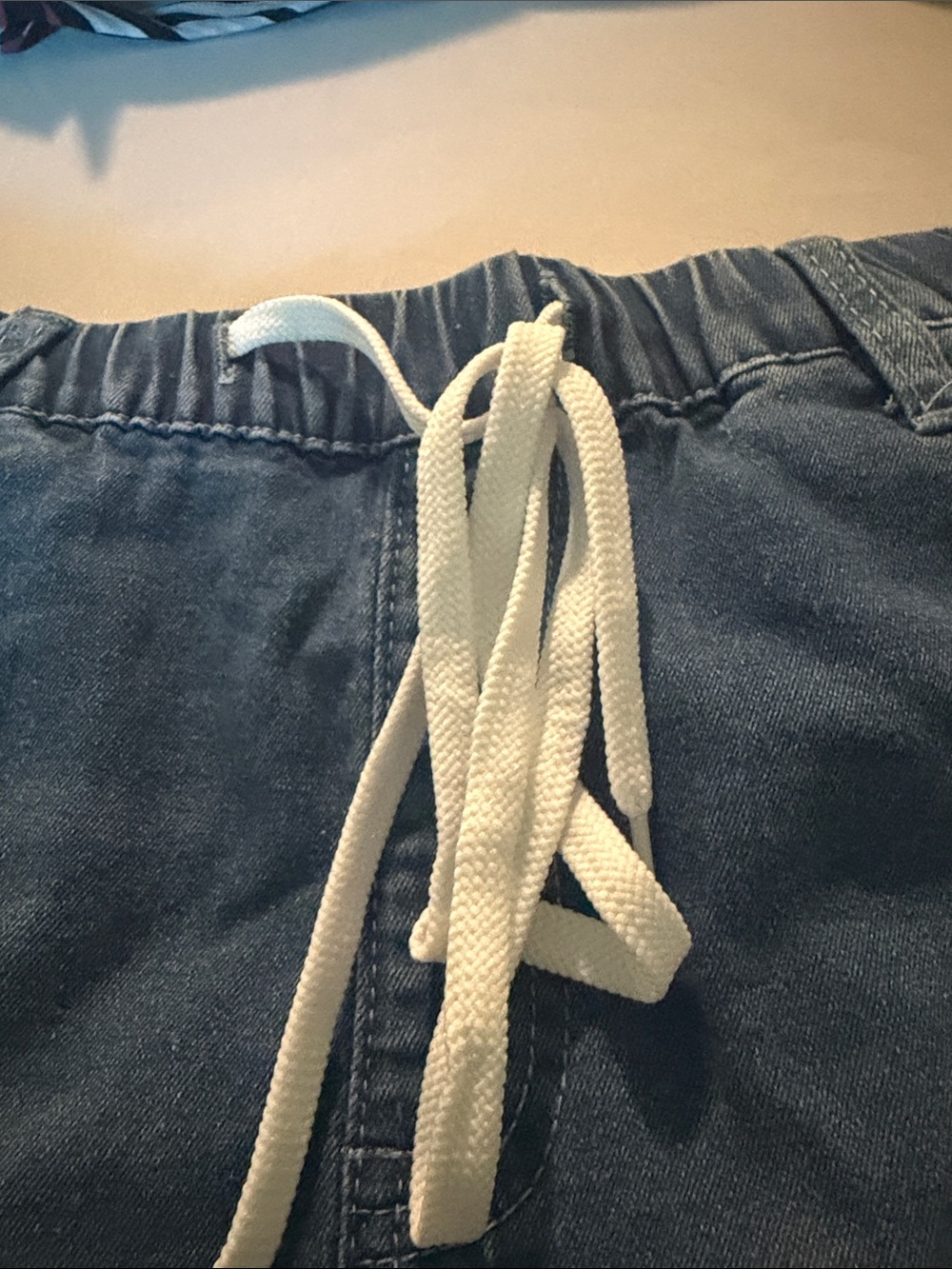Distressed Denim Drawstring Shorts - Blue - Picture 3 of 3